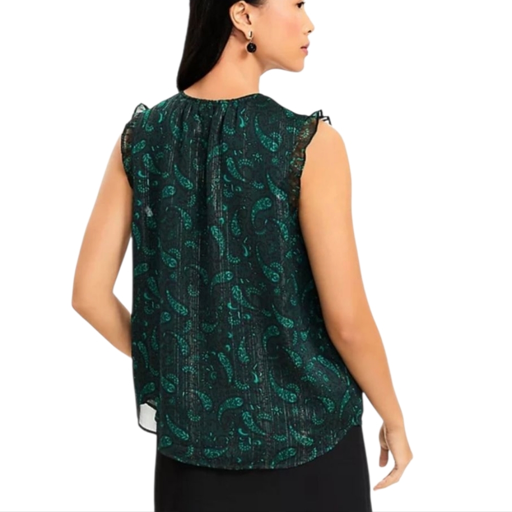 Loft Sheer Green Black Shimmer Velvet Tie Neck Ruffle Sleeveless‎ Blouse Top L - Picture 4 of 15